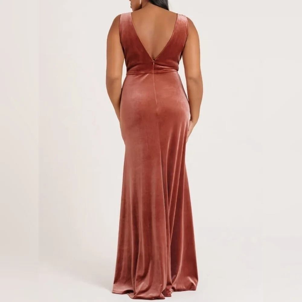 Jenny Yoo Logan Sleeveless Deep-V Velvet Column Maxi Gown, Cinnamon Rose, 22